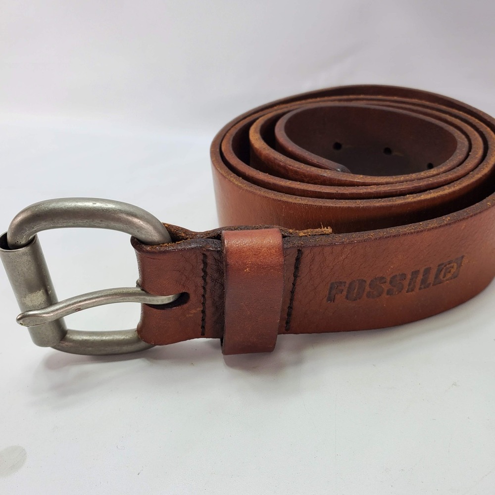 Vintage Fossil Brown Leather Belt Brass Buckle Men's Size 44/110 Jeans Cowboy
